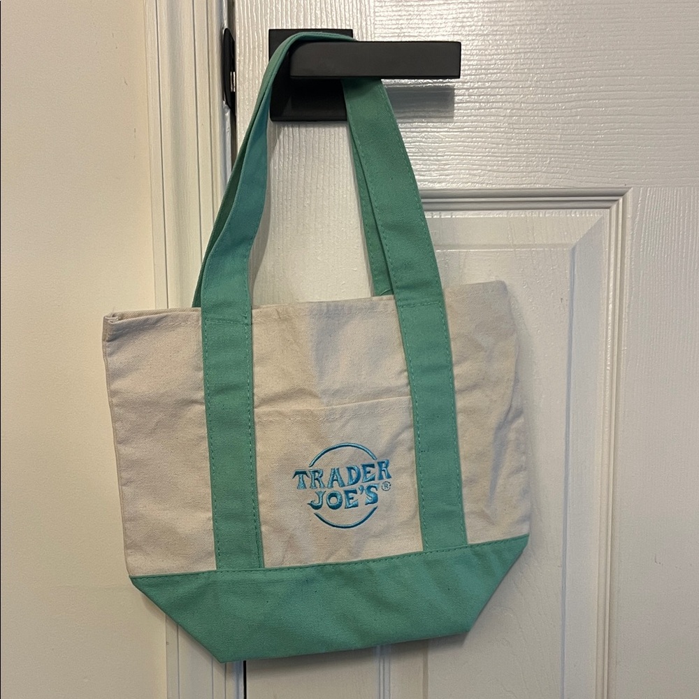 NWT Trader Joe's Pastel Green and Cream Mini Canvas Tote Bag - Picture 2 of 4